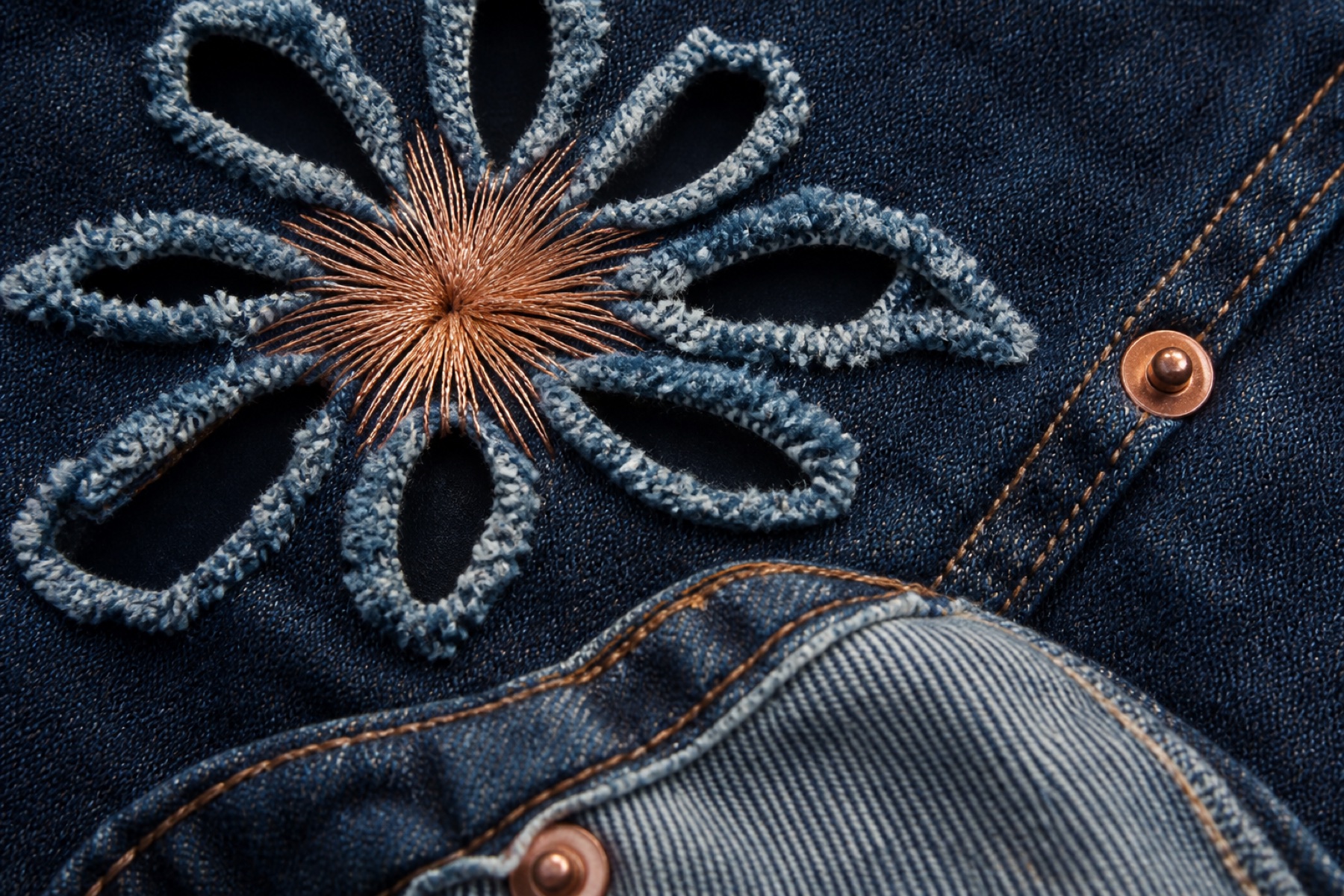Detalle de bordado y corte sobre denim