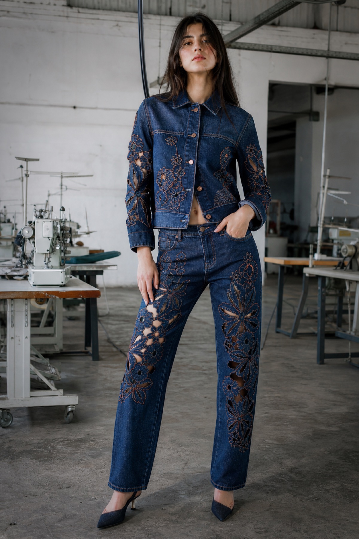 Look de jeanswear con intervenciones textiles