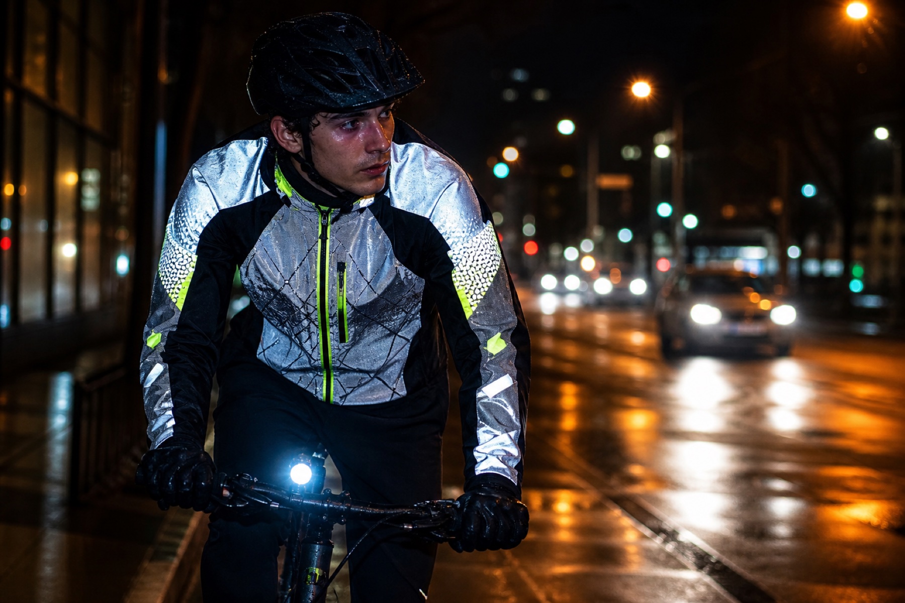 Prototipo de chaqueta reflectiva utilizado por un ciclista en contexto urbano