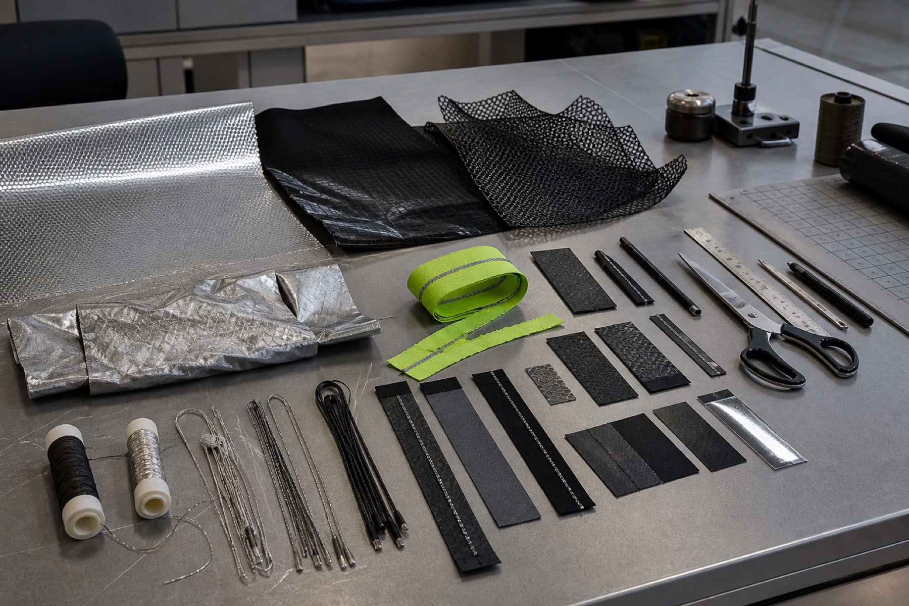 Mesa de trabajo con materiales y herramientas del prototipo reflectivo
