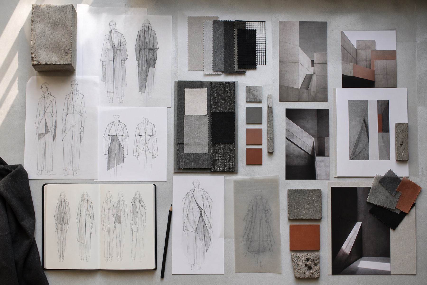 Mesa de proceso con bocetos, muestras textiles y referentes de Raíz Urbana
