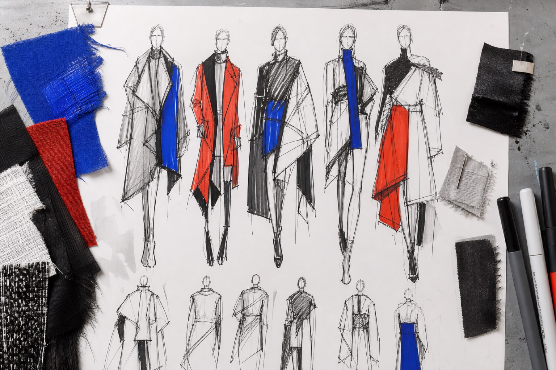 Lámina de desarrollo de siluetas en azul, rojo, blanco y negro