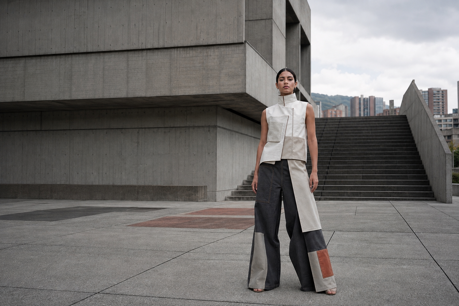 Prenda de la colección Raíz Urbana en arquitectura de concreto de Medellín